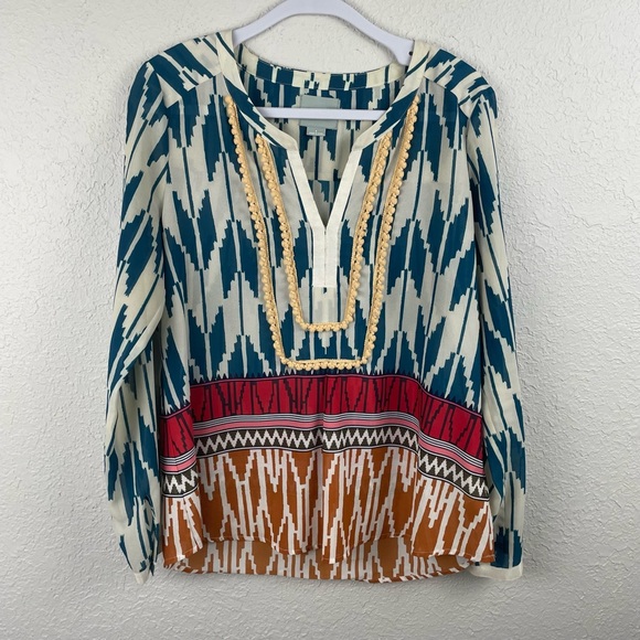 Anthropologie Maeve Multi Patterned Sheer Notch Neck Blouse - Picture 1 of 7